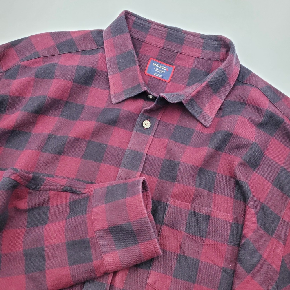 UNTUCKit Mens XXXL Buffalo Plaid Flannel Shirt Burgundy Navy Relaxed fit Flaws